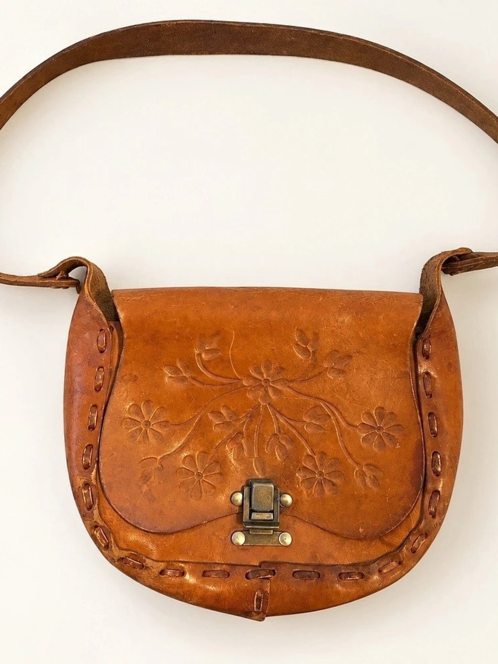 Brown Leather Floral Shoulder Bag